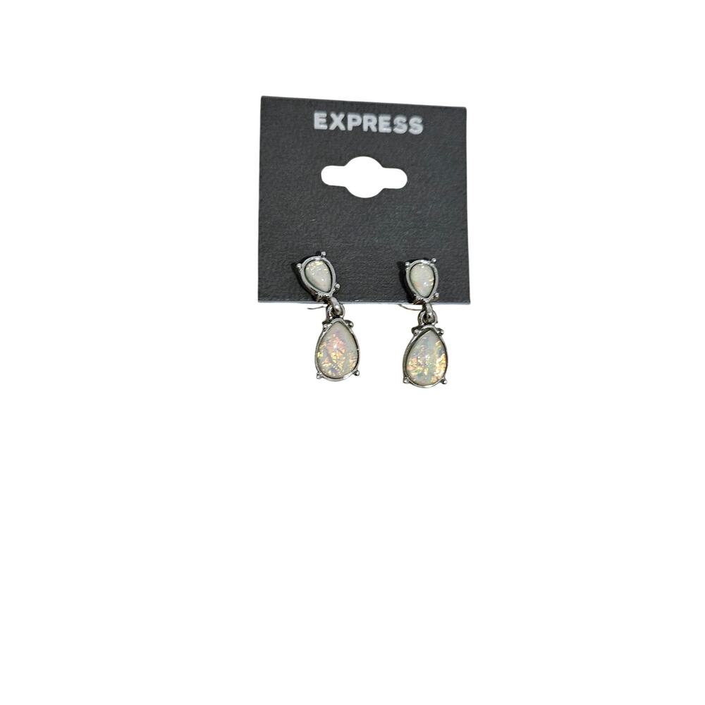 Express Silver Tone Iridescent Faux Opal Teardrop Dangle Earrings NWT